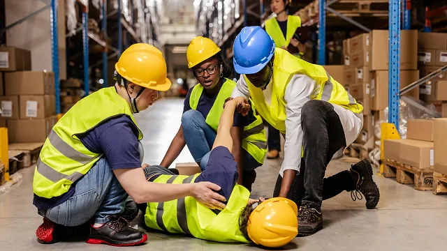 Three warehouse workers wearing hard hats and safety vests tend to an injured coworker lying on the floor after a workplace accident.