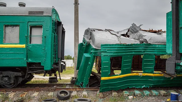 A severely crumpled green train car sits on the tracks next to an intact green passenger car following a train crash or derailment.